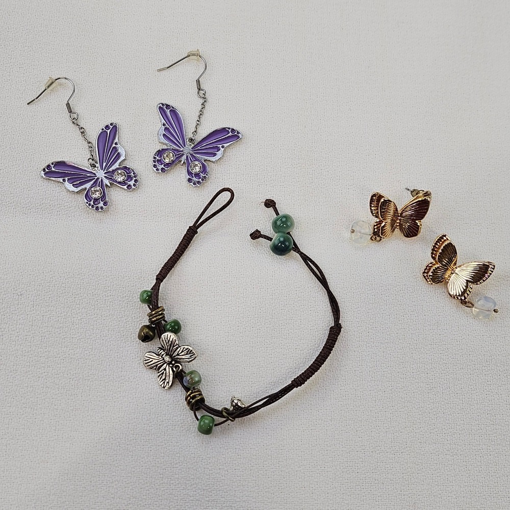 Butterfly Jewelry Bundle 3pc Purple Enamel Dangles Gold Studs Cord Bracelet Set